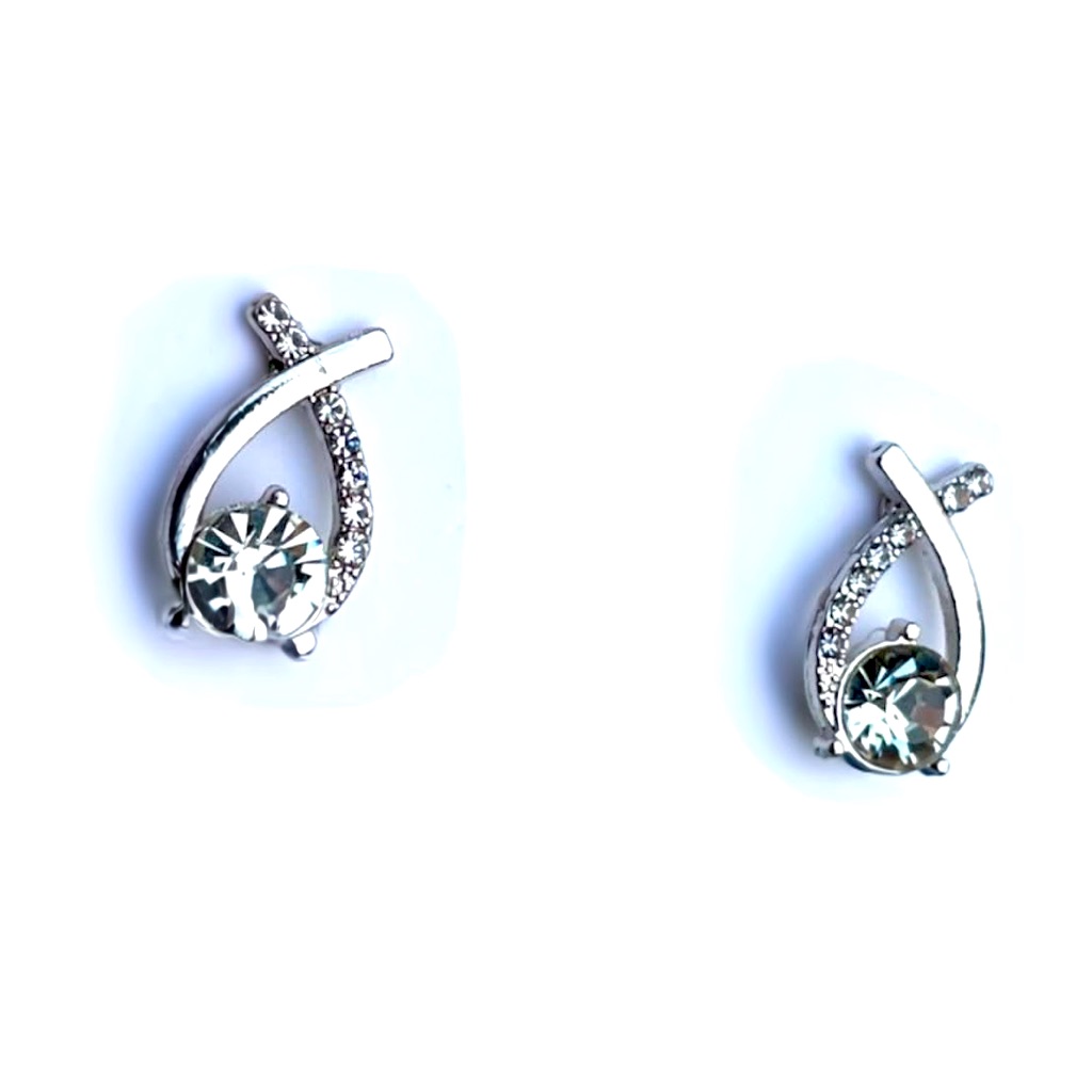Rhinestone And Faux Diamond Silver Earrings Tear Drop Stud Twisted Costume Gift